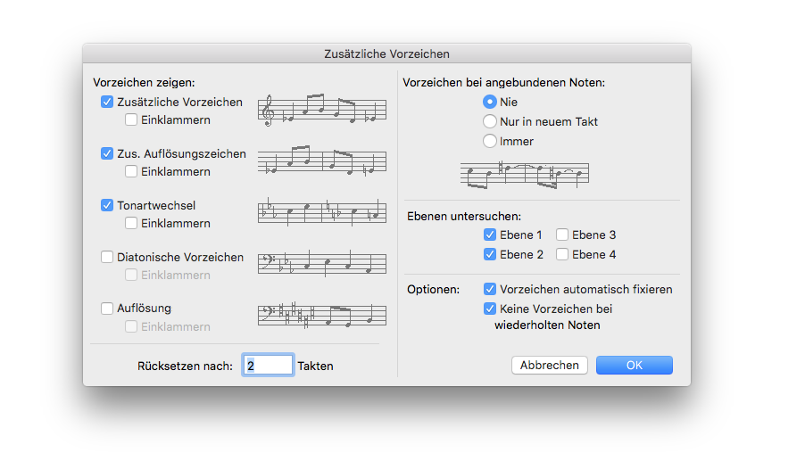 Dialogbox Zusätzliche Vorzeichen 